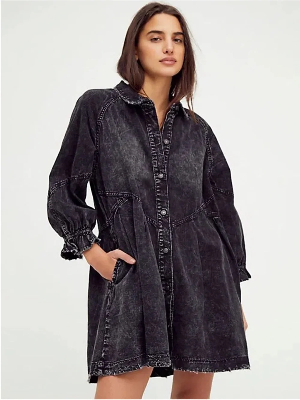 Free People Hannah Denim Mini Dress Black Size Extra Small